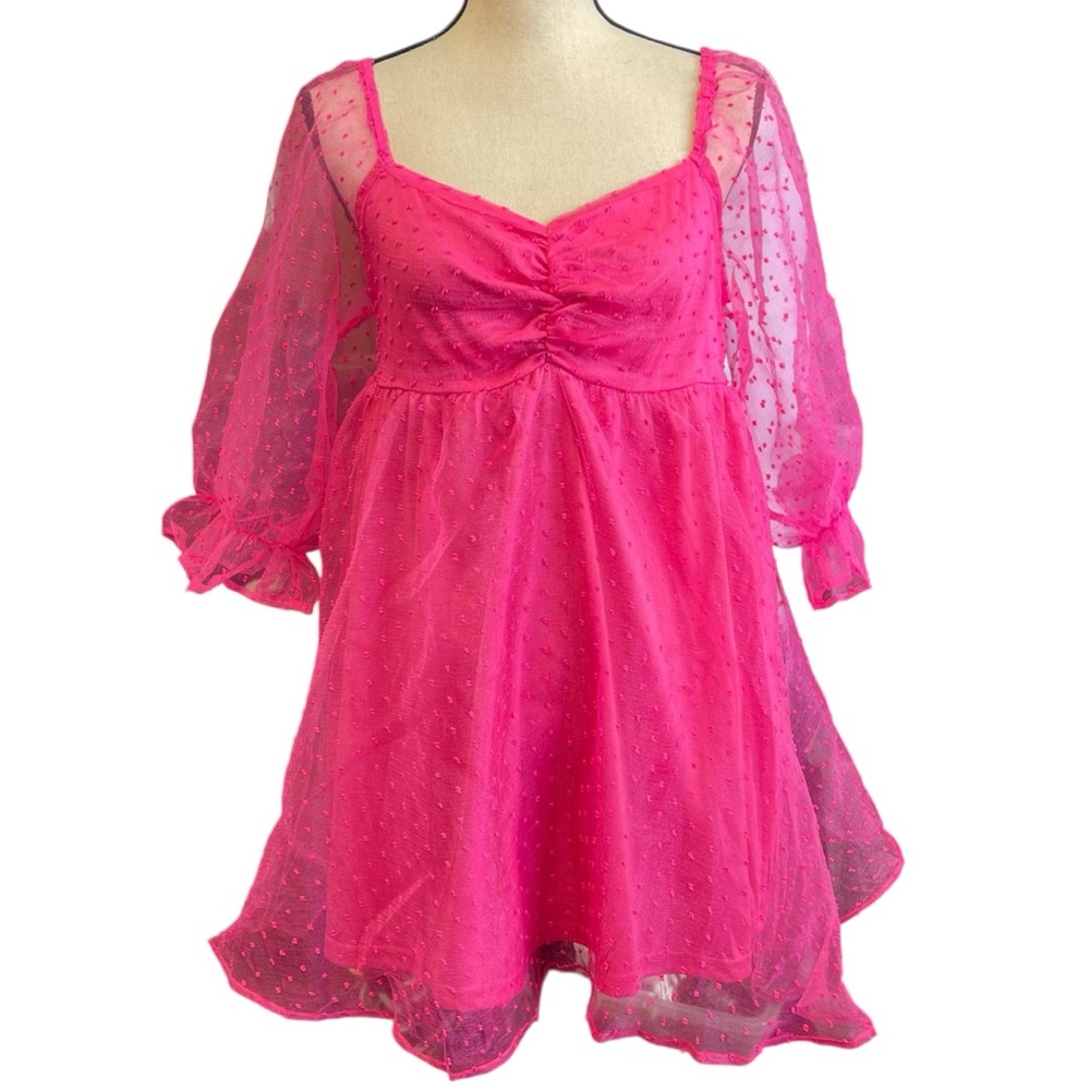 BaeVely Hot Pink Tulle Babydoll Barbie‎ Mini Dress with Swiss Dot Detail Large